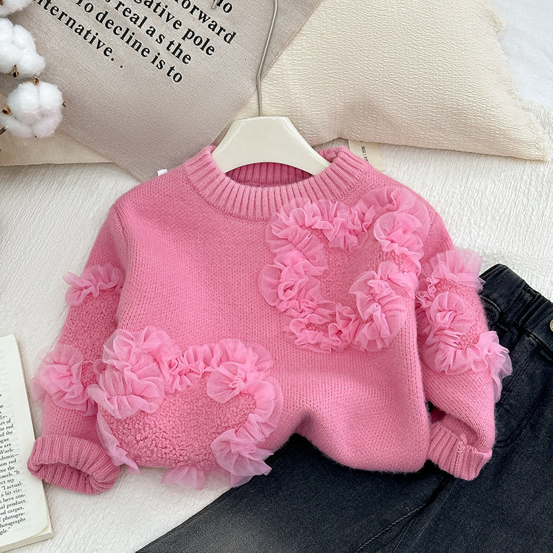 Girls' knit sweater - spring  korean style 3d floral knit top & trendy jeans two-piece set