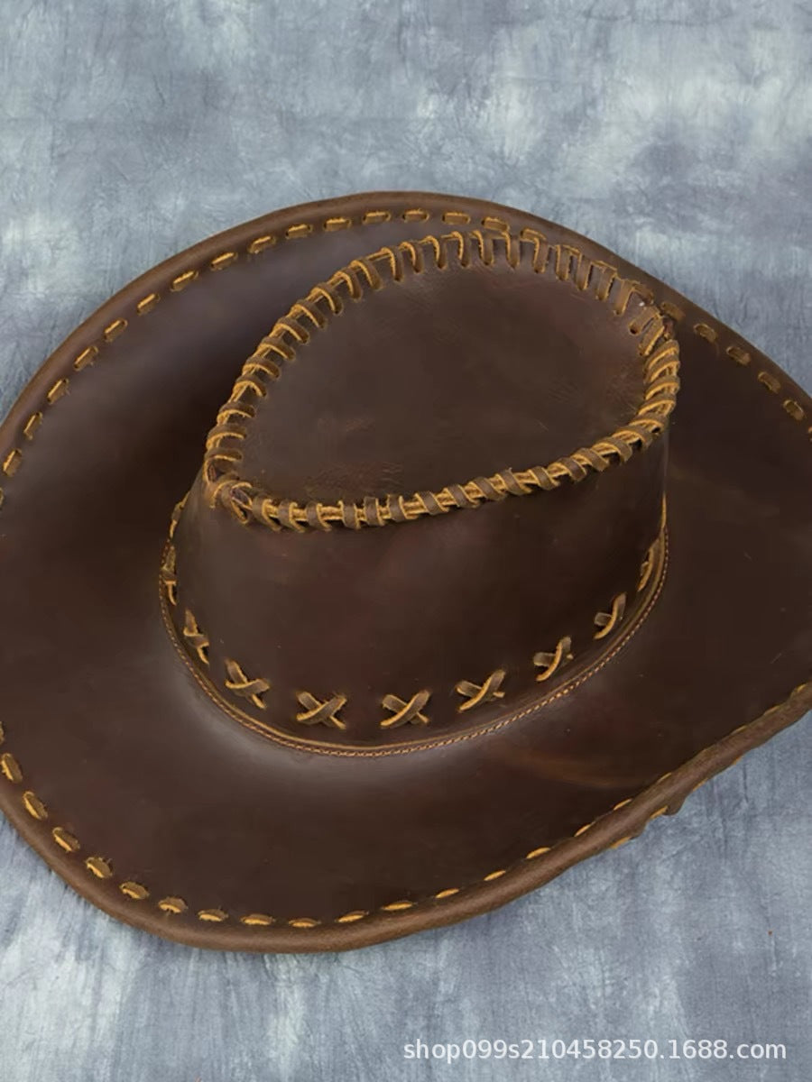 Handmade pure cowhide western cowboy hat crazy horse leather outdoor harley casual hat genuine leather men sunshade knight hat