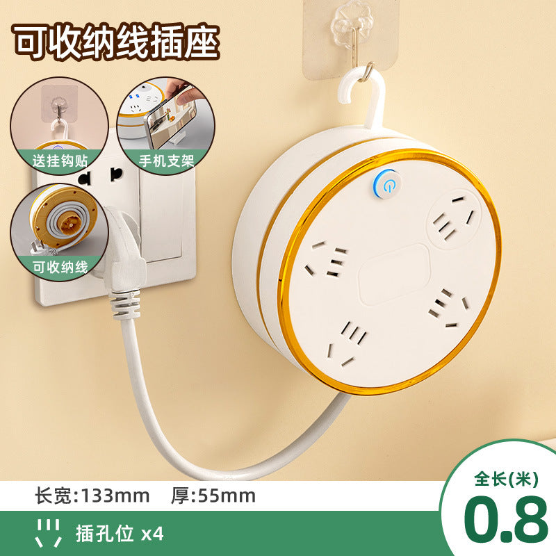 Retractable power strip with usb ports, cord management panel, multi-outlet socket, and built-in cable – ideal for home, dorm, and office use