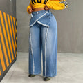 Fashionjeans women's deconstructed shredded wool patchworkhigh waistloose denim women's pants exportplus sizestylish wide-leg pants