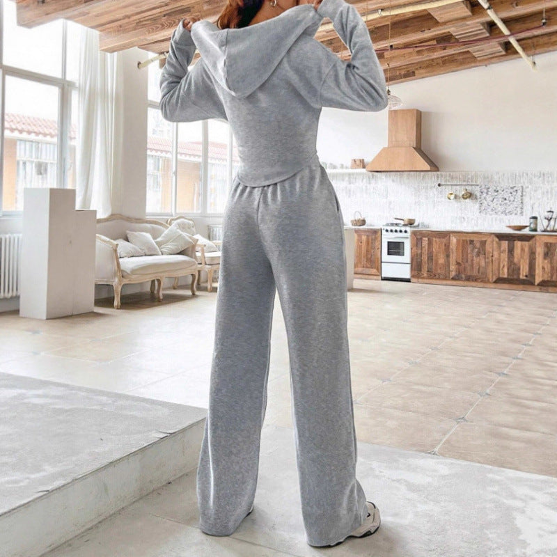 Solid color hooded sweatshirt set - relaxed fit, zip-up, european & american style, new autumn  women's collection