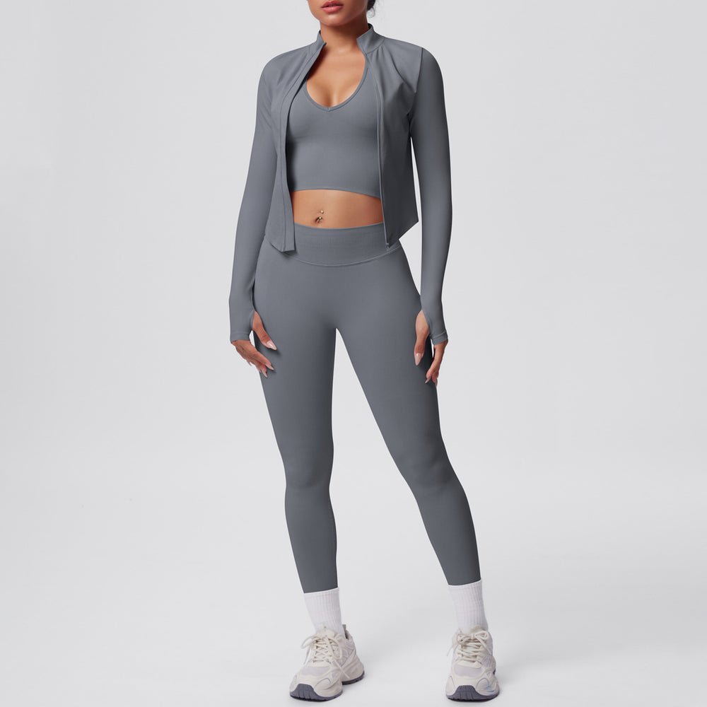 Seamless solid color compression breathable high-elastic yoga set - 3 piece workout outfit for running, fitness, and yoga