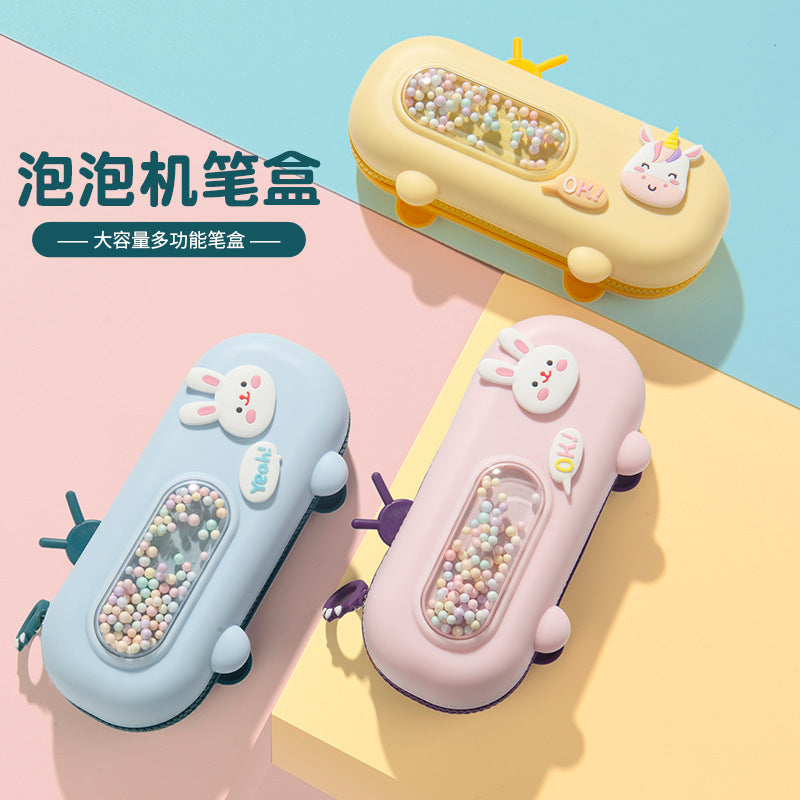 Bubble machine styling pencil bag large capacity female cute cartoon silicone stationery box primary school student stationery bag creative pencil bag