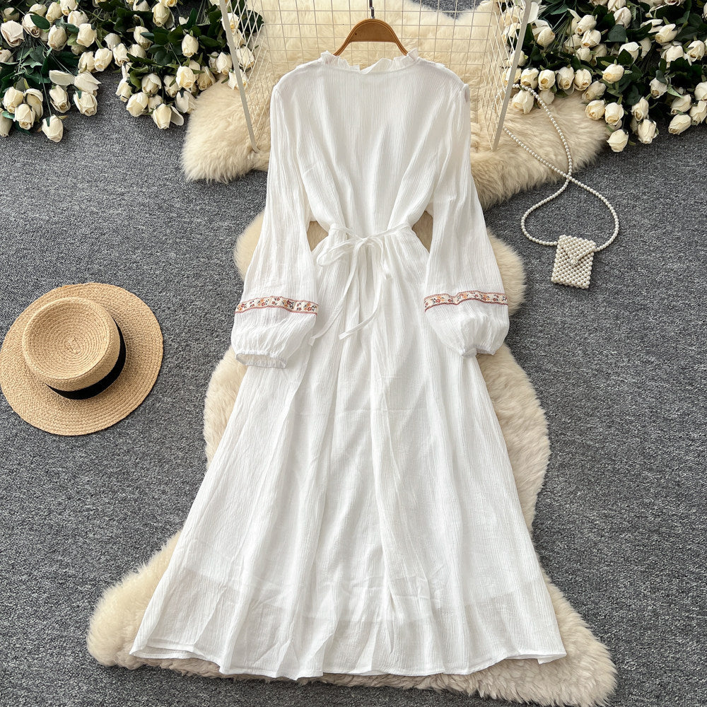 Vintage-inspired white lantern sleeve embroidered a-line dress - autumn chic, slim-fit, and perfect for vacation