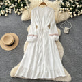 Vintage-inspired white lantern sleeve embroidered a-line dress - autumn chic, slim-fit, and perfect for vacation