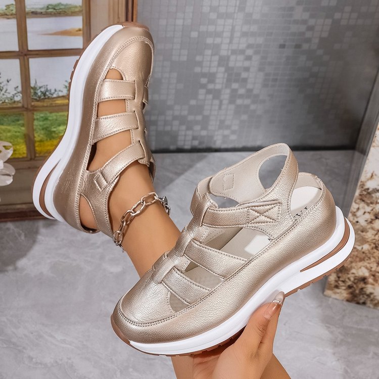 summer new arrival: wedge heel sandals - closed toe, hollow-out design, breathable, women's export style, plus size platform chunky sole, velcro closure
