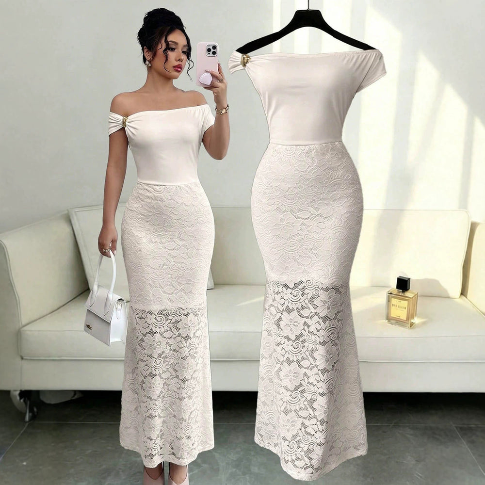 Export light mature style lace dress metal buckle off-shoulder topspatchwork full body pattern lace silm fishtail long