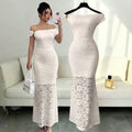 Export light mature style lace dress metal buckle off-shoulder topspatchwork full body pattern lace silm fishtail long