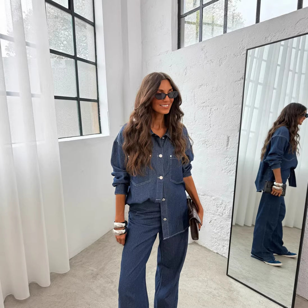 European and american cross-border  hot-selling women's clothing: unique street style fashion casual slim-fit shirt jacket denim set for women