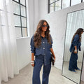European and american cross-border  hot-selling women's clothing: unique street style fashion casual slim-fit shirt jacket denim set for women