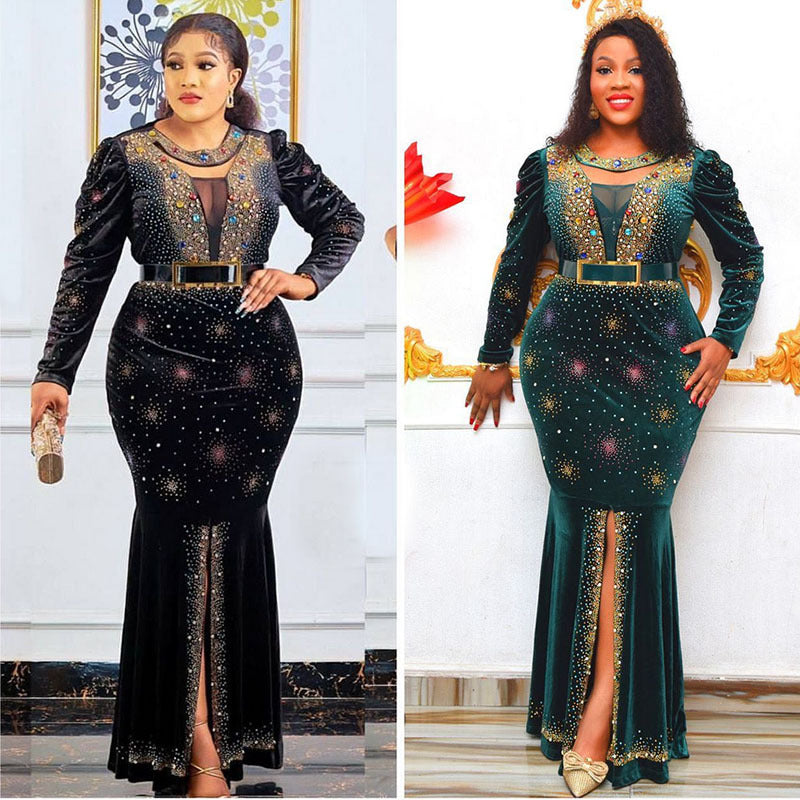 Jenny's factory direct export: gold velvet rhinestone embellished luxury slim-fit mermaid long sleeve maxi dress - african women's clothing