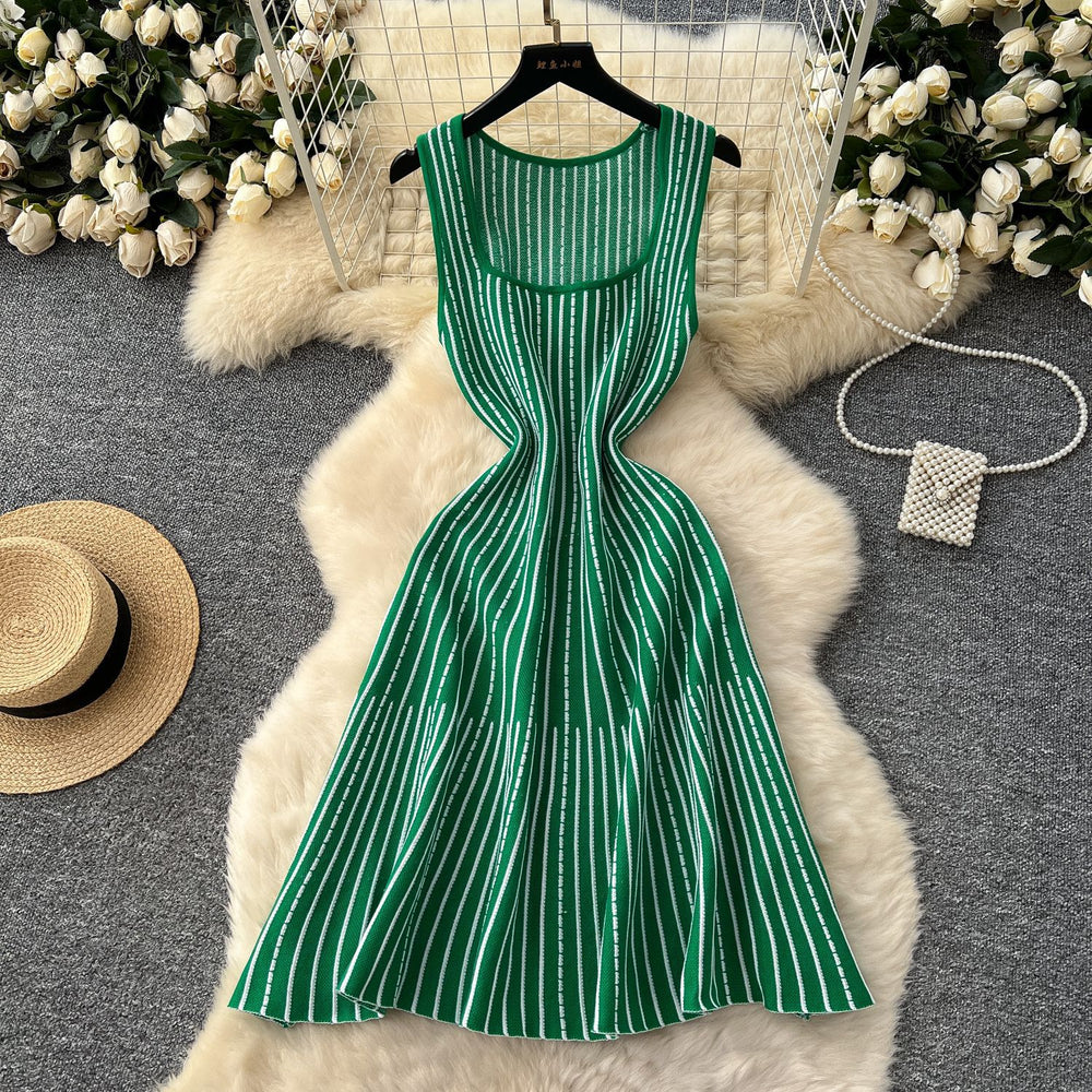 Classysense niche style square neck sleeveless stripesknittingdress women's summer waist slimming looka-line sweater vest dress