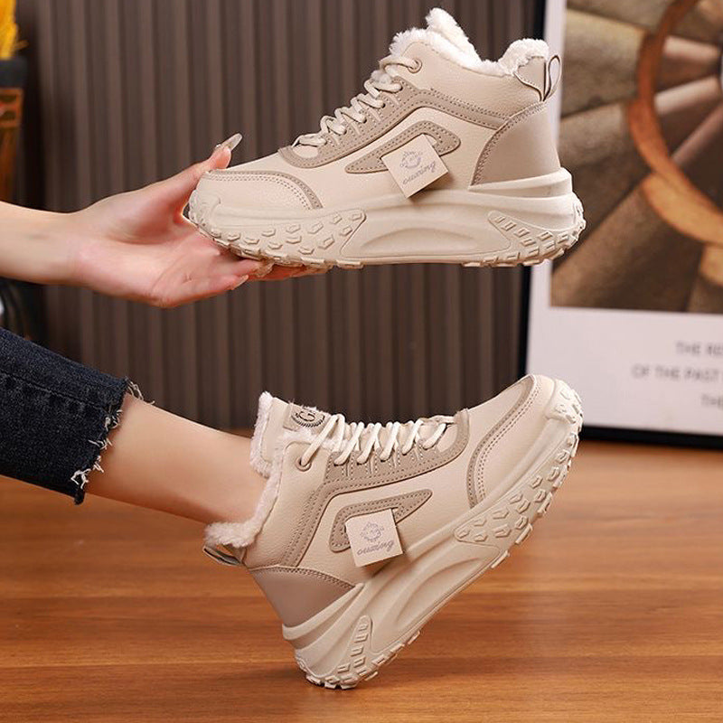 High-top women's shoes, new winter styles, trendy winter footwear, fleece-lined and thickened cotton shoes, cold-proof and warm, casual platform ankle boots