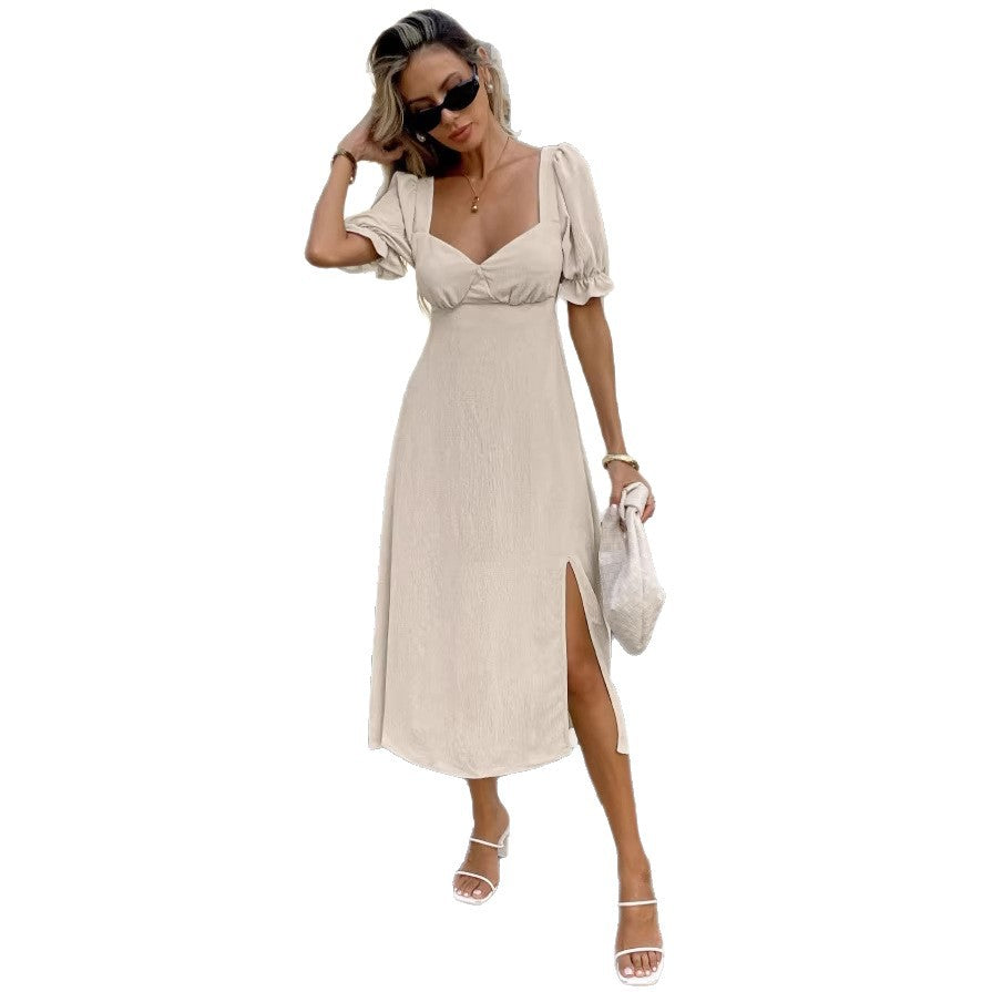 .  foreign trade european and american style off-the-shoulder elegant maxi dress with puff short sleeves and one-shoulder tie-up detail