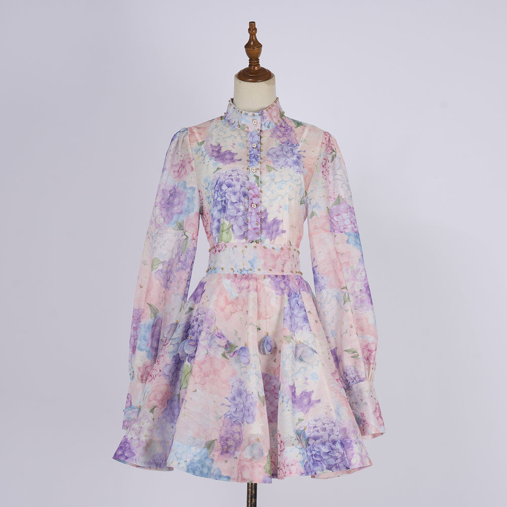 European and american style retro print beaded lantern sleeve top + a-line midi skirt two-piece set - high-end socialite look