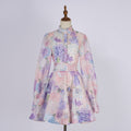 European and american style retro print beaded lantern sleeve top + a-line midi skirt two-piece set - high-end socialite look