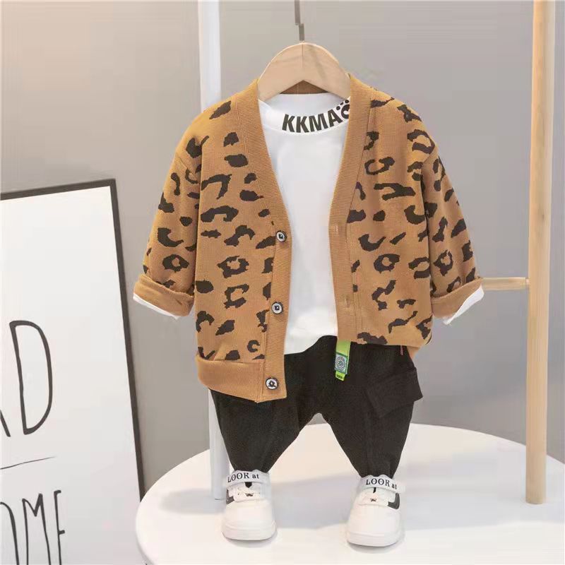 Boysknittingcardigan three-piece setautumnew arrivalchildrenk-style handsome baby suitfashionoutweartrendy