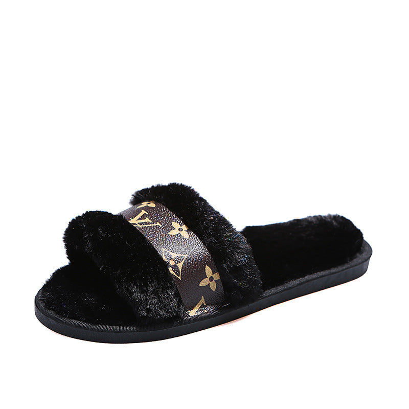 Women's winter slippers - outdoor wear, couple's fuzzy cotton slippers, 2024 new leather one-strap plush slippers, indoor/outdoor slippers