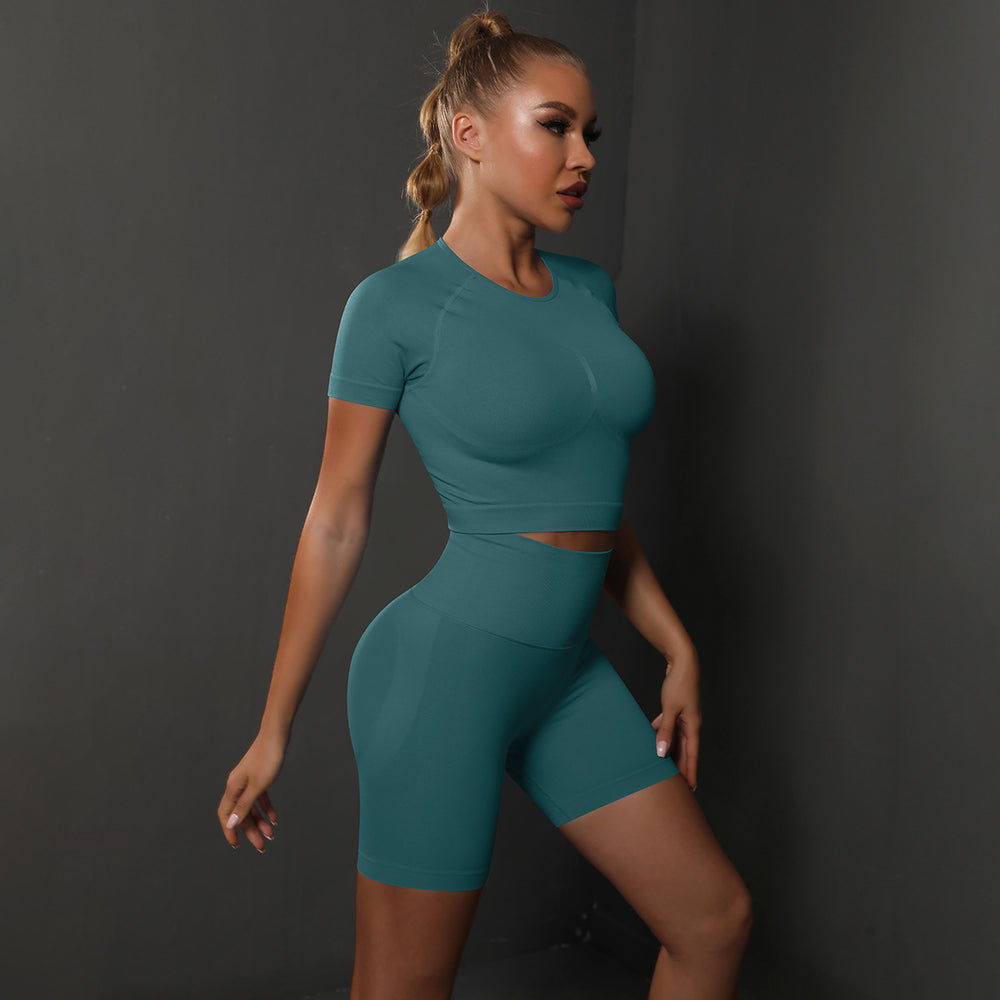 fashion seamless peach butt pure color high elastic yoga short sleeve shortssuitrunning sports fitness two-piece set