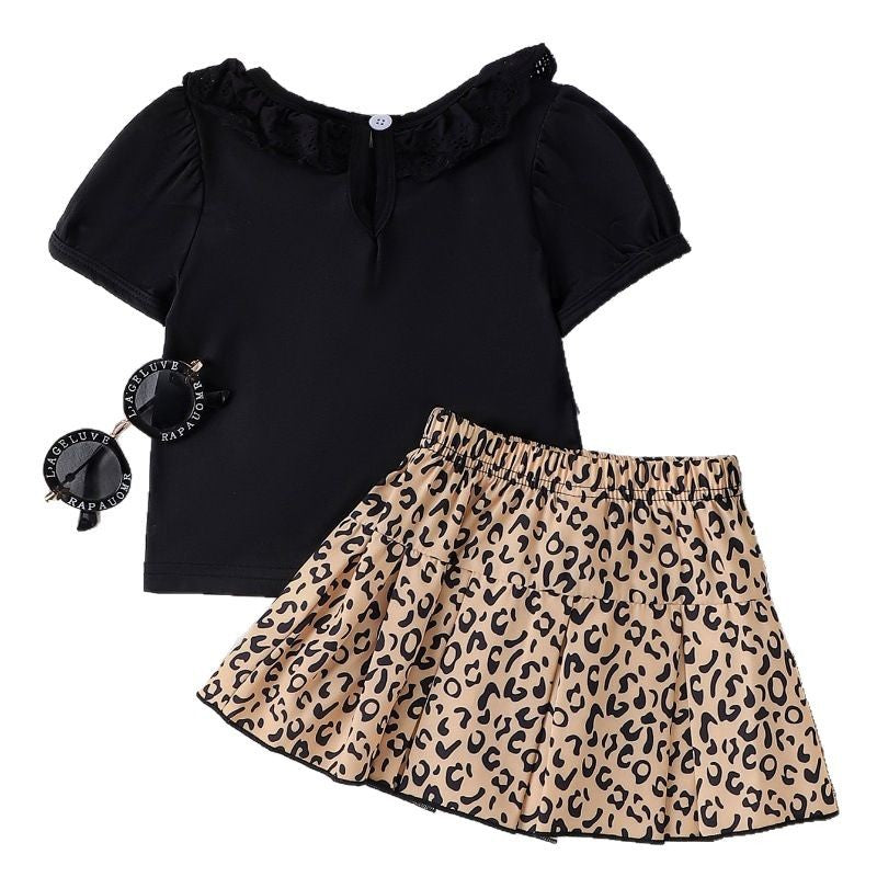 Children's clothing  cross-border fashion black short-sleeved t-shirt leopard print skirt girl new arrival