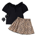 Children's clothing  cross-border fashion black short-sleeved t-shirt leopard print skirt girl new arrival