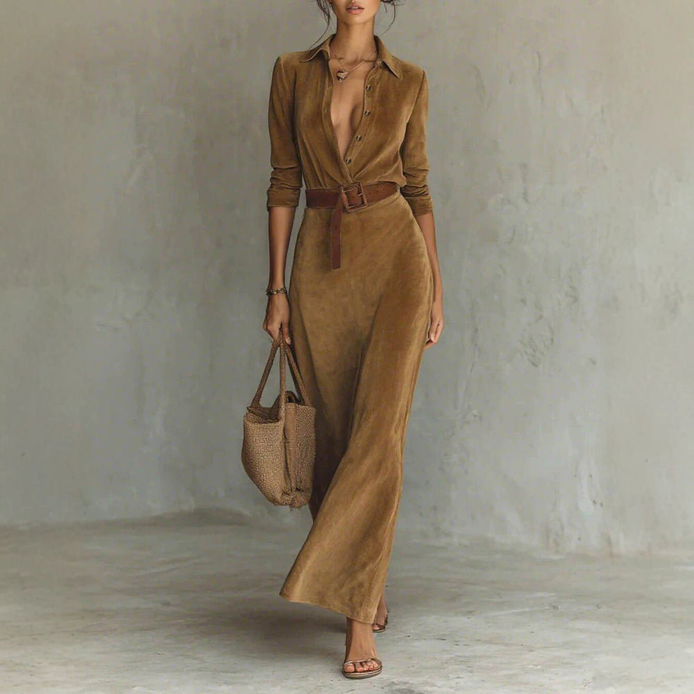 Retro corduroy shirtdress lapel long sleevesv neck wrap formula buckle belt waist women's dress