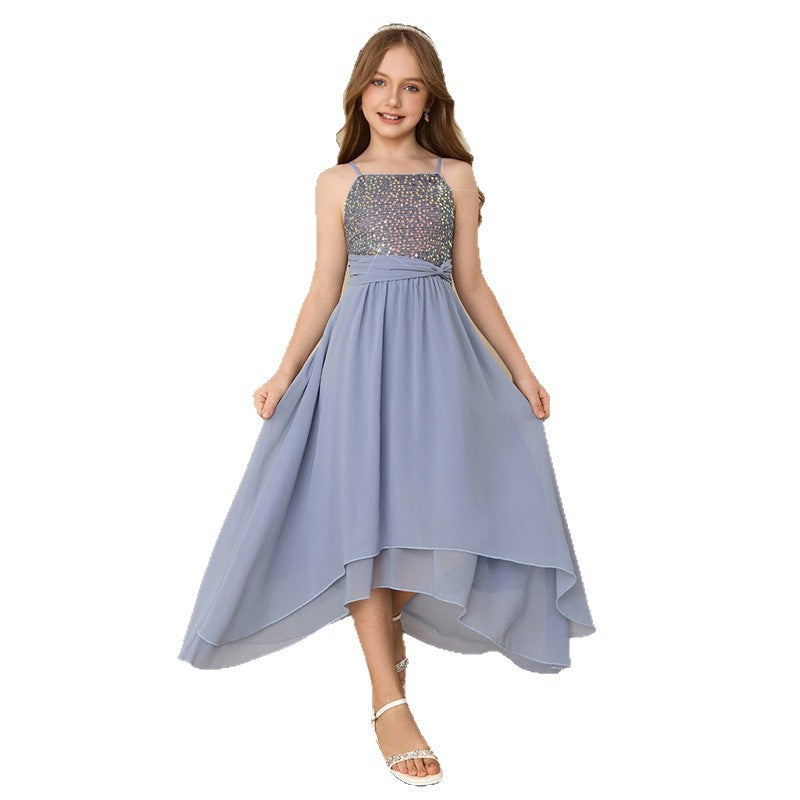 Girls' dress with asymmetrical hem design, suspender skirt, sequin patchwork, big kids' dress, european and american style, cross-border ready stock