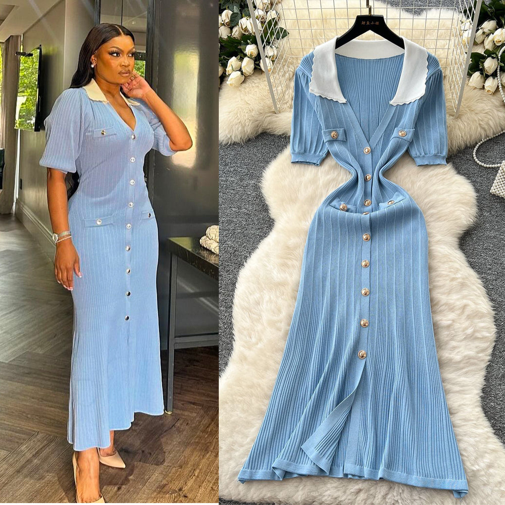 Frenchretrocontrast color lapel short sleeve metal button silmdress women's waist slimmingelegant slit knitting skirt
