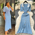Frenchretrocontrast color lapel short sleeve metal button silmdress women's waist slimmingelegant slit knitting skirt