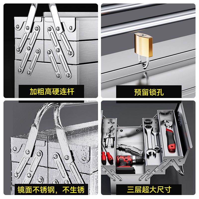 Delixi Electric Stainless Steel Toolbox Household Car Portable Large Thickened Triple Folding Tipping Bucket Storage Box