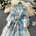 French chic lace trim floral print dress - women's stand collar long sleeve cinched waist tie a-line maxi dress - perfect for work