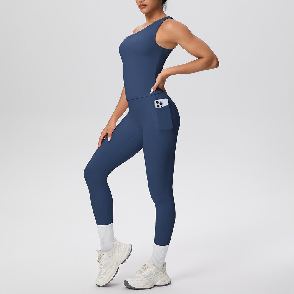 New arrival: cross-border brushed microfiber seamless tank top & leggings set - pocketed activewear for running, fitness, and yoga (two-piece)