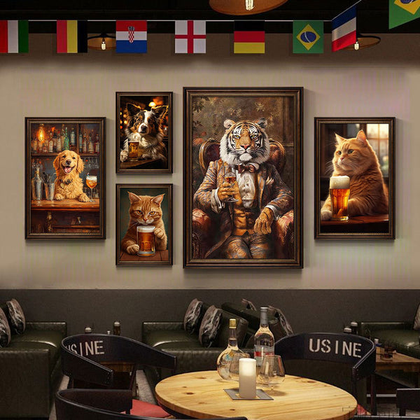 Vintage bar wall decoration painting industrial style pub animal cat beer hanging painting nightclub winery clear bar mural