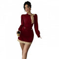 French ruffle trim heavy velvet mini dress - women's autumn/winter  retro style with gold buckle detail, slim fit