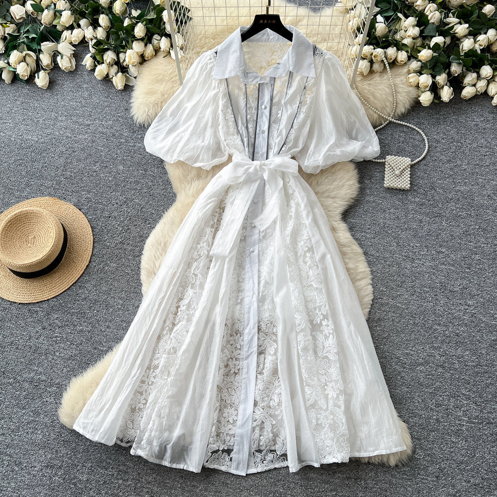 Accessible luxury style puff sleeve embroiderdress women's tie backk-style waist slimming lookclassyelegant large swing long skirt