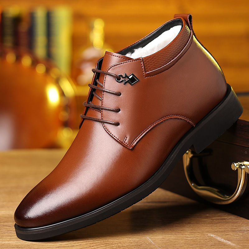 Men's winter cotton shoes, fleece-lined warm thickened leather boots, thick fleece fur integrated boots, business soft leather high-top shoes