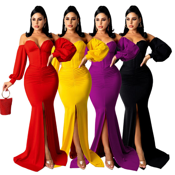 MM2131 European and American  supply solid color corset slim mopping floor women's sexy evening dress party dress