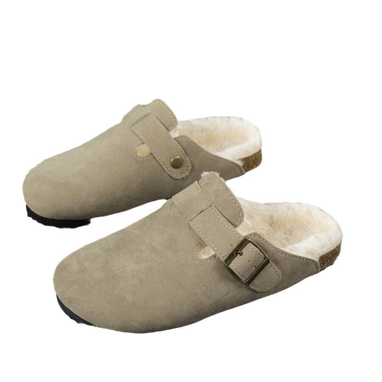 Plus size cotton slippers outwearthickened half slippers fur slippers winterflatsfleece-lined toe slippers women's wholesale