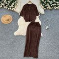 Cut out age reduction suit female k-stylefashionlooseeasiest for match lapel short-sleeved knittingtopshigh waist silm skirt