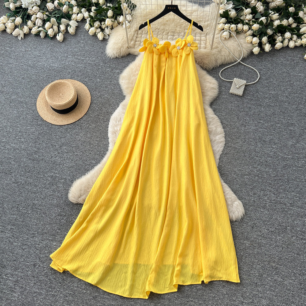 Vacation style yellow halter gentle style elegantdress women's summer sleeveless slimming look long skirt summer atmosphere