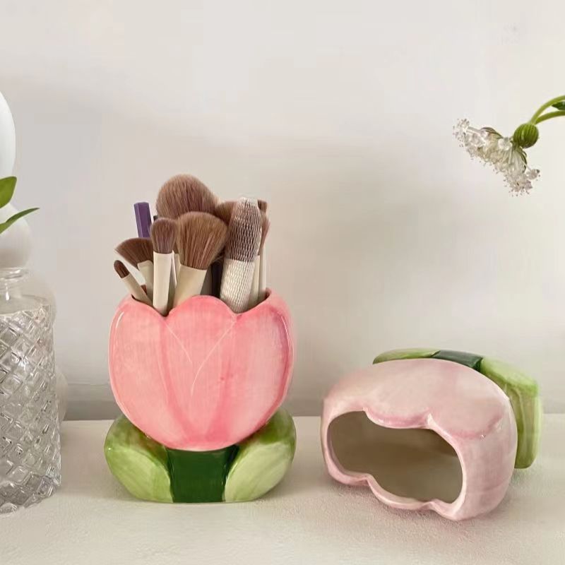 Tulip flower makeup brush holder office pen holder - trendy ins style bedroom decor desktop organizer