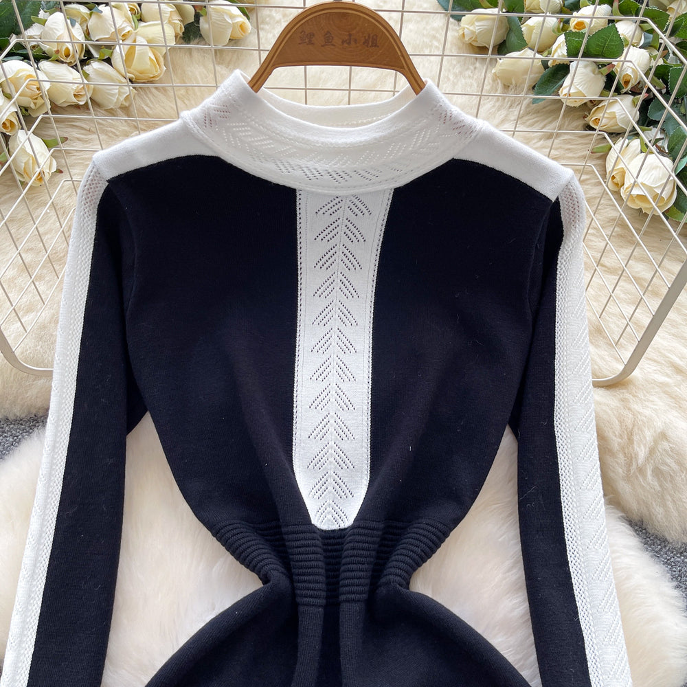 Frenchretroclassyfashionablecontrast colorpatchwork round neck long sleevesknittingdress women's waist slimming looksweater skirt
