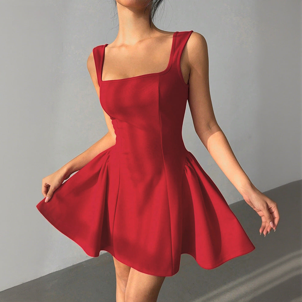 Waist-cinching a-line red dress, spring and summer new arrival square neck silm, big backless sexy short skirt, red little red dress