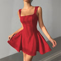 Waist-cinching a-line red dress, spring and summer new arrival square neck silm, big backless sexy short skirt, red little red dress
