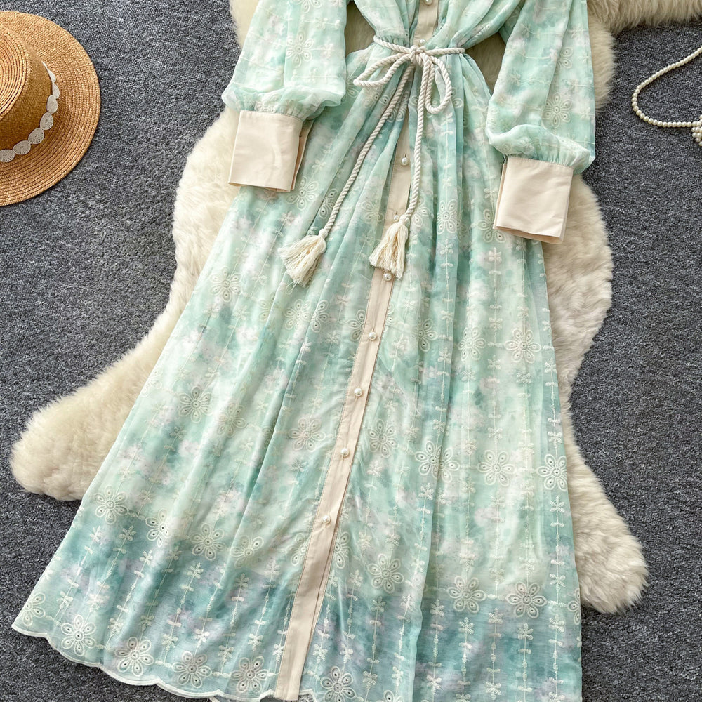 French romantic lantern sleeve printed dress - women's  autumn collection - slim fit a-line maxi dress - commute chic & elegant