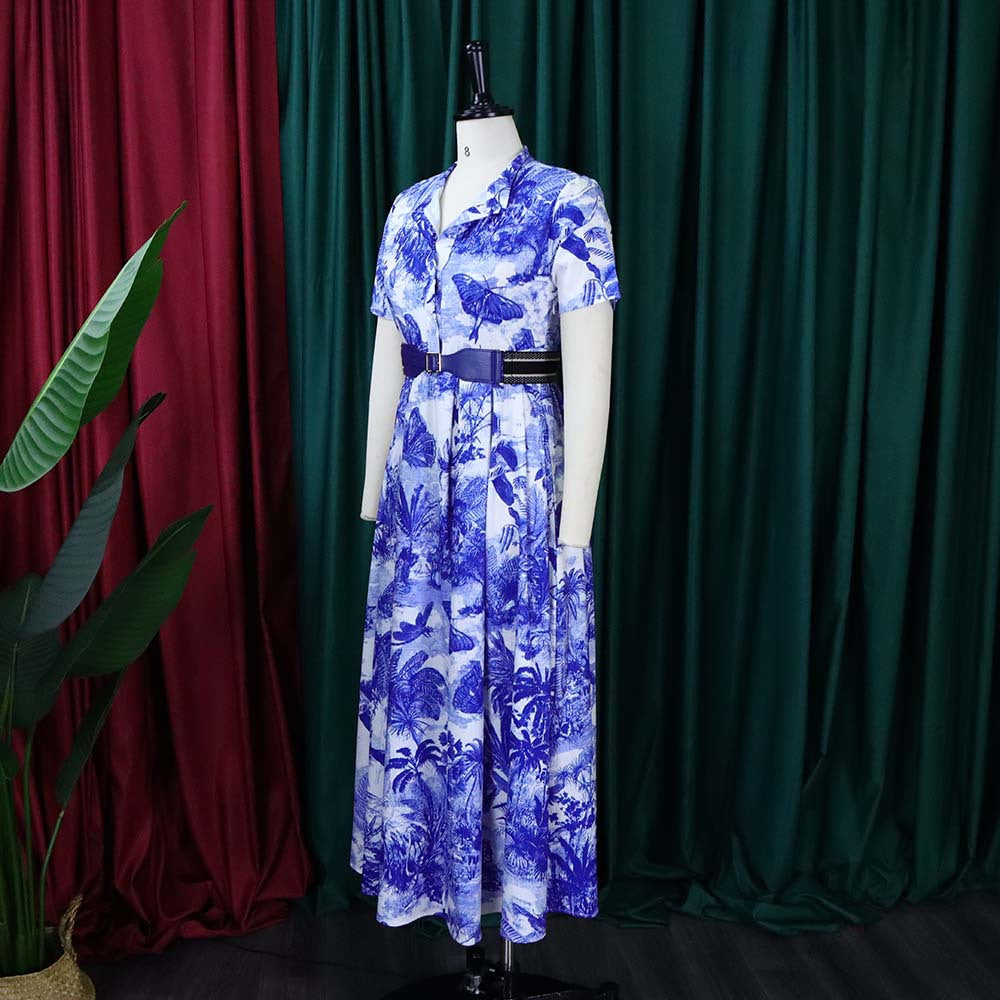 D3337 women's foreign trade dress -  fashion, european & american style, summer chic, printed short sleeve, flared hem, plus size foreign trade dress