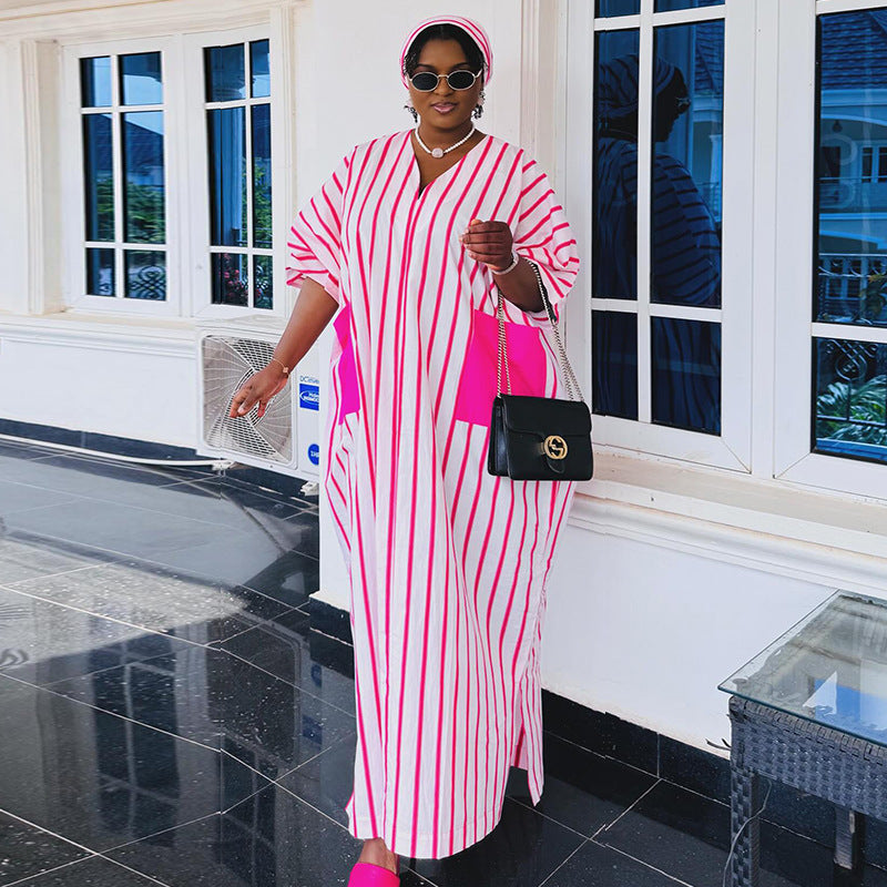European and american cross-border women's fashion:  autumn/winter v-neck pink striped short-sleeve loose fit long plus size dress
