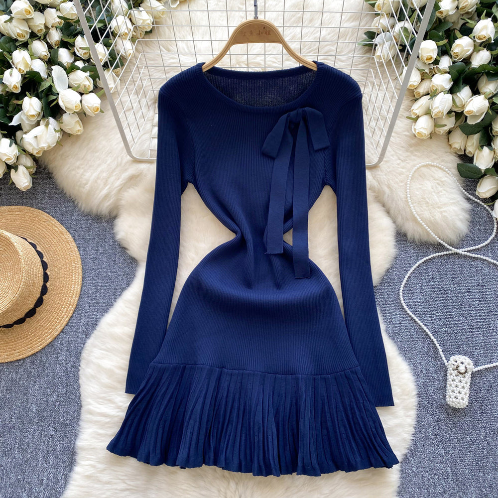French chic knit dress - autumn/winter collection: bow accent, ruffle trim, unique design, elegant mini dress