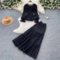 French chic slim-fit long sleeve shirt and midi skirt set - autumn workwear, figure-flattering, versatile two-piece