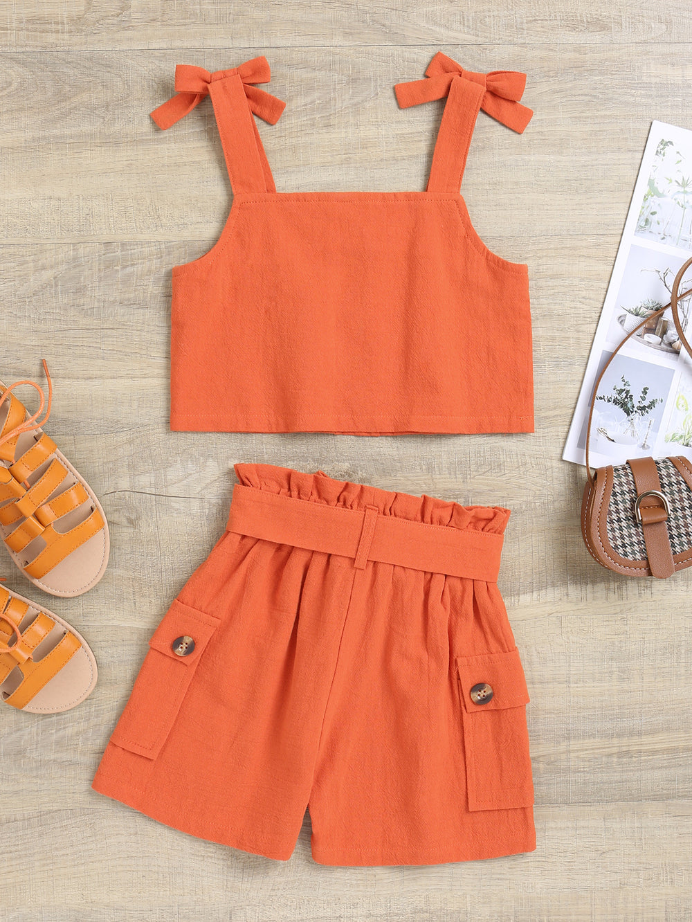 summer collection: linen-cotton bowknot cami top & cargo shorts set for girls & young children - european & american style, perfect for cross-border e-commerce